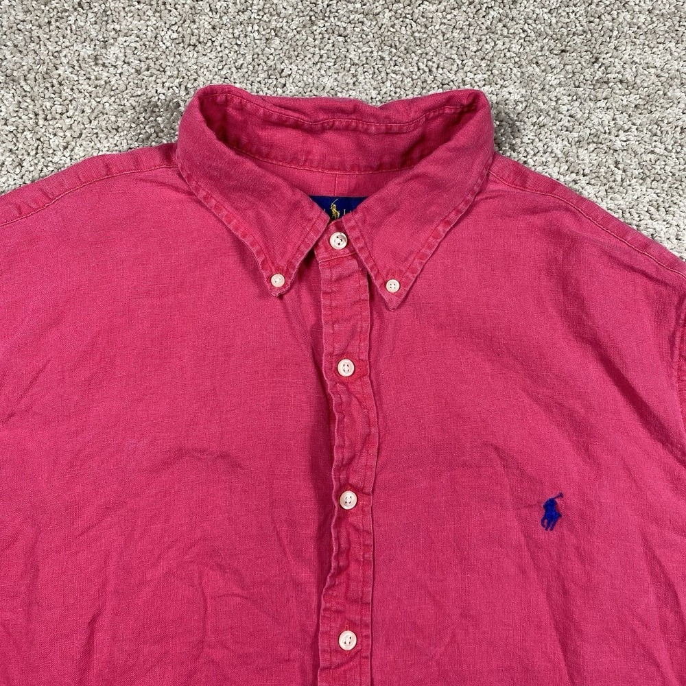 Ralph Lauren Mens XL Short Sleeve 100% Linen Button Down Shirt Pink Pony Logo